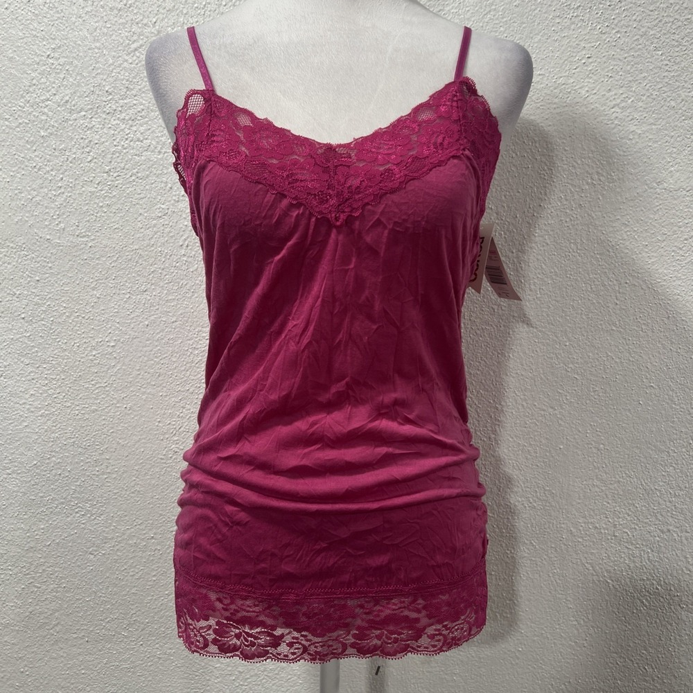 Vtg Y2K lace trimmed Pink Tank Cami top adjustable straps‎ women L Bongo Ruched